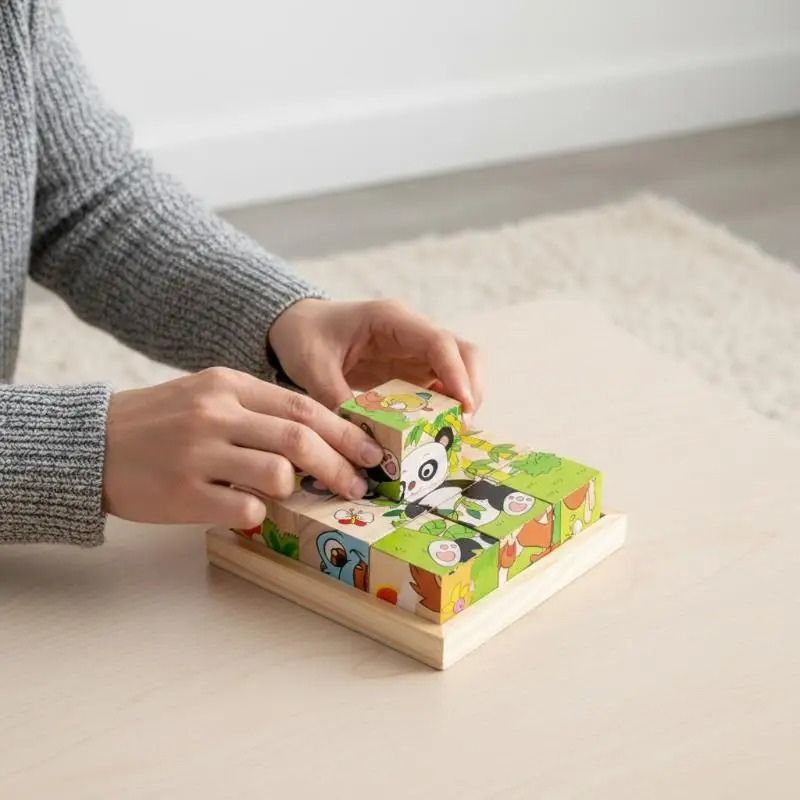 Mains adulte qui assemblent avec précision cubes bois puzzle panda motricité fine - développement gestes précis enfant - Atelier Puzzle
