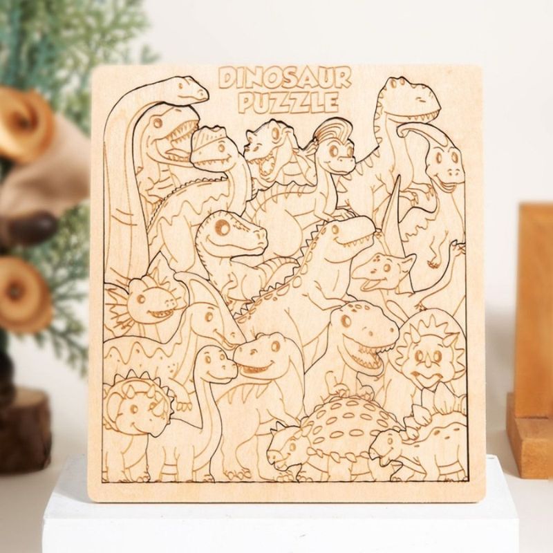 Variante dinosaures puzzle bois gravé T-Rex tricératops plateau complet - jeu logique enfant 5-10 ans - Atelier Puzzle