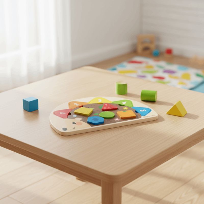 Plateau puzzle herisson bois naturel table lumiere douce pieces formes geometriques colorées - qualite materiau jouet bebe - Atelier Puzzle