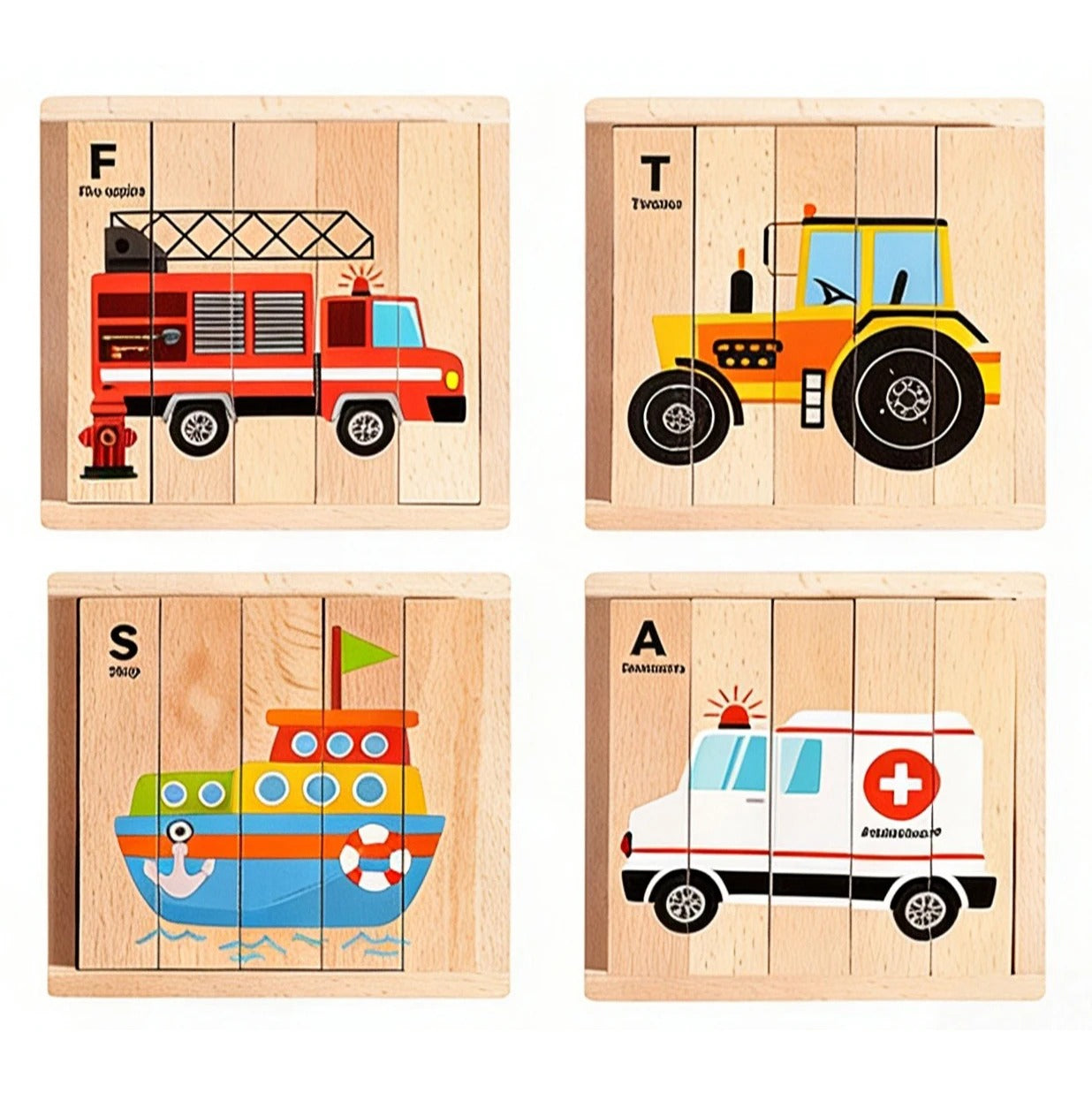 Variante puzzle bois 4 faces vehicules camion pompier tracteur bateau ambulance - jouet educatif enfant 2-5 ans - Atelier Puzzle