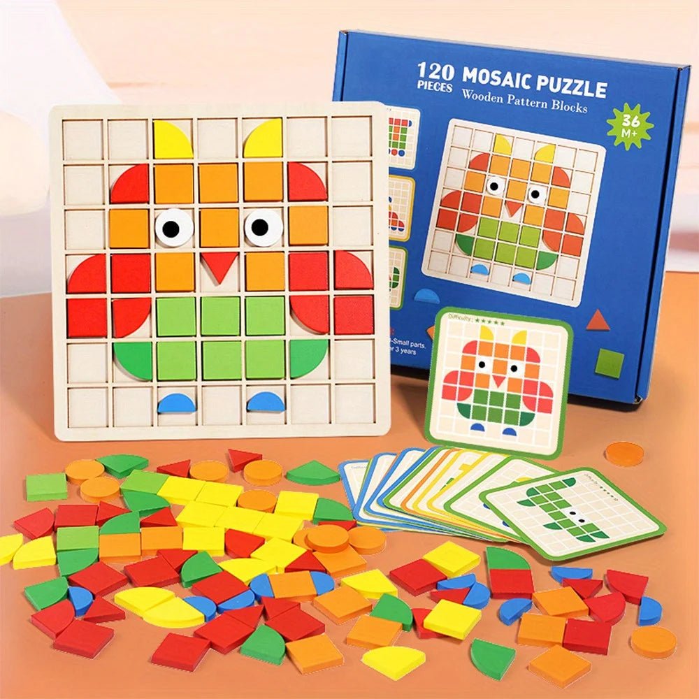 120Pcs Wooden Mosaic Puzzle Toy Montessori Kids Wooden 3D Geometric Shape Jigsaw Puzzle Board Set Baby Early Education Toys for - InnovaCuisine