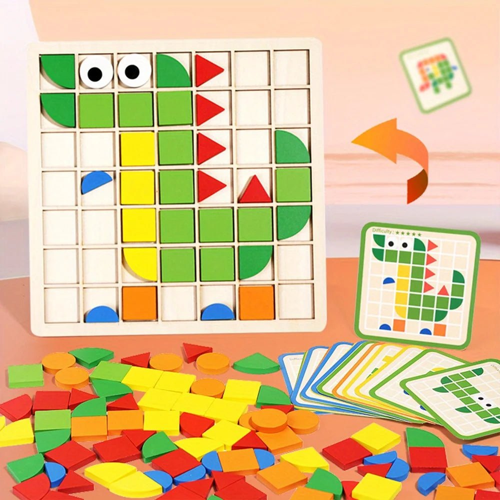 120Pcs Wooden Mosaic Puzzle Toy Montessori Kids Wooden 3D Geometric Shape Jigsaw Puzzle Board Set Baby Early Education Toys for - InnovaCuisine