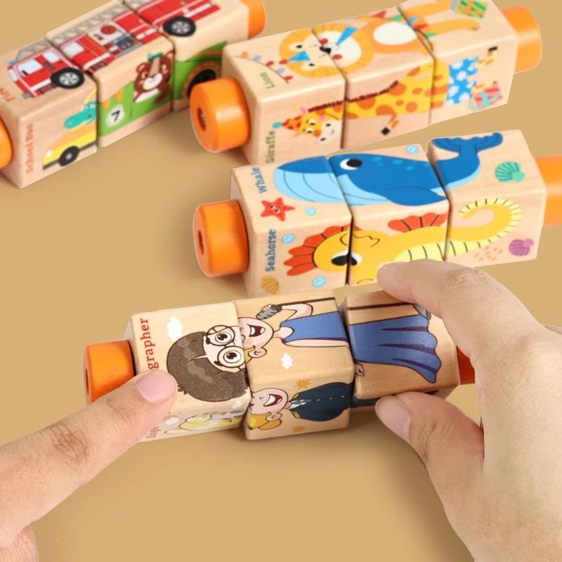 3 cylindres puzzle rotatif bois thèmes véhicules animaux sauvages personnages manipulation doigts enfant - richesse thèmes jeu éducatif Montessori - Atelier Puzzle