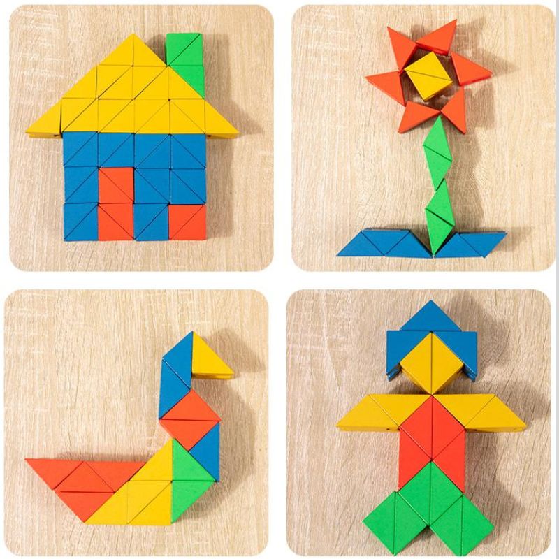 4 créations blocs arc-en-ciel maison fleur cygne personnage colorés posées à plat - jeu créatif construction enfant - Atelier Puzzle