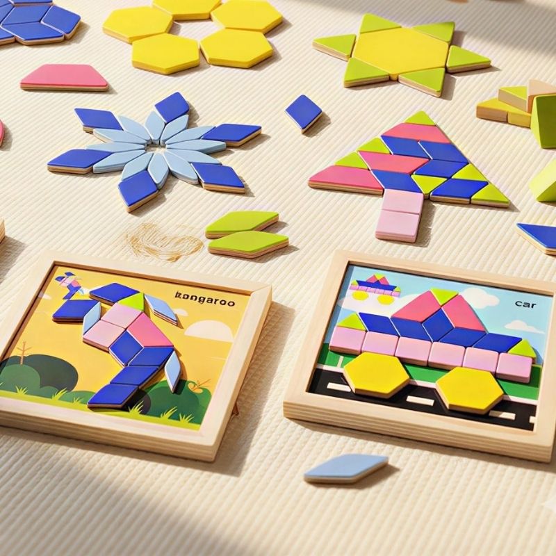 9 créations tangram magnétique bois hexagones flocon étoile fusée kangarou voiture grille - pensée spatiale géométrie enfant - Atelier Puzzle