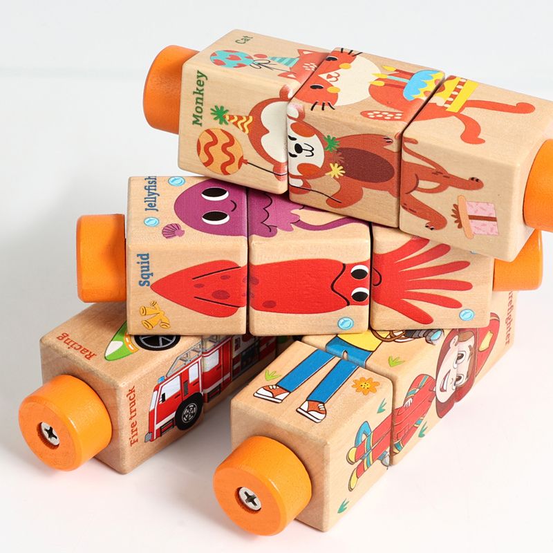 Gros plan 4 cylindres puzzle rotatif bois empilés illustrations colorées animaux sauvages marins personnages - qualité artistique jouet éducatif enfant - Atelier Puzzle