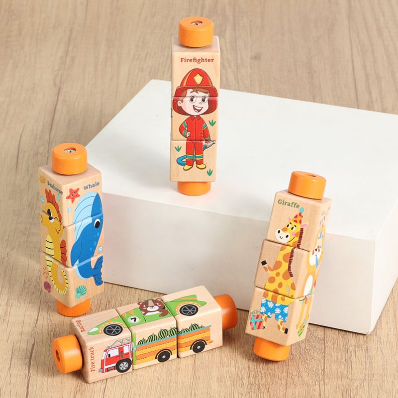 4 cylindres puzzle rotatif bois animaux singe méduse voiture pompier posés table ronde - cadeau Noël anniversaire enfant 2-4 ans cadeau bébé - Atelier Puzzle