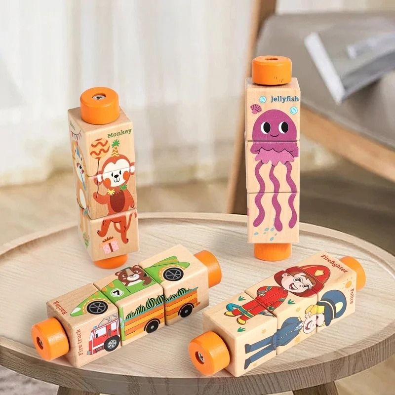 4 cylindres puzzle rotatif bois posés podium blanc pompier baleine girafe voiture - qualité jouet Montessori bois enfant 2-4 ans - Atelier Puzzle