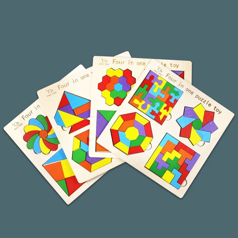4 in 1 Montessori Tangram Jigsaw Puzzle Toy Wooden Geometric Shape Colorful Cognition Puzzle Wood Building Blocks Gifts for Kids - InnovaCuisine
