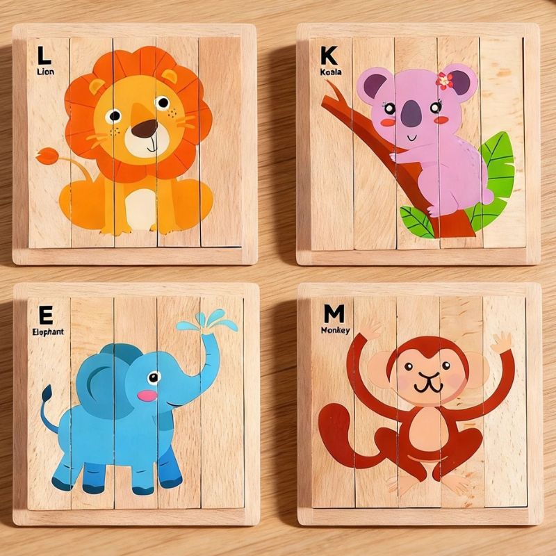 4 puzzles bois assembles lion koala elephant singe avec lettres L K E M - apprentissage animaux alphabet enfant 2-5 ans - Atelier Puzzle