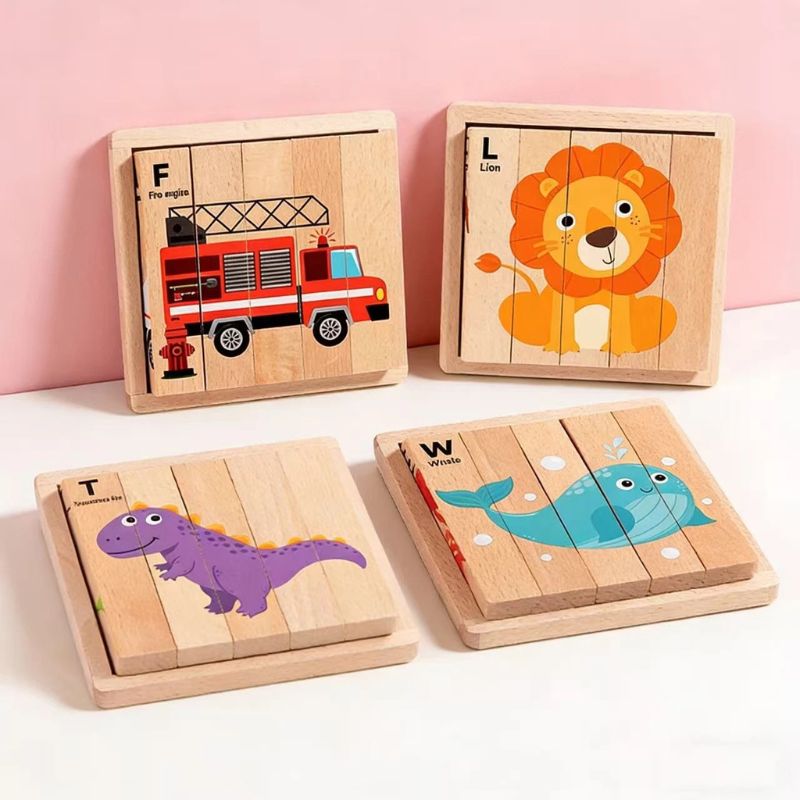4 puzzles bois camion pompier lion dinosaure baleine fond rose - cadeau educatif enfant 2-5 ans Noel anniversaire - Atelier Puzzle