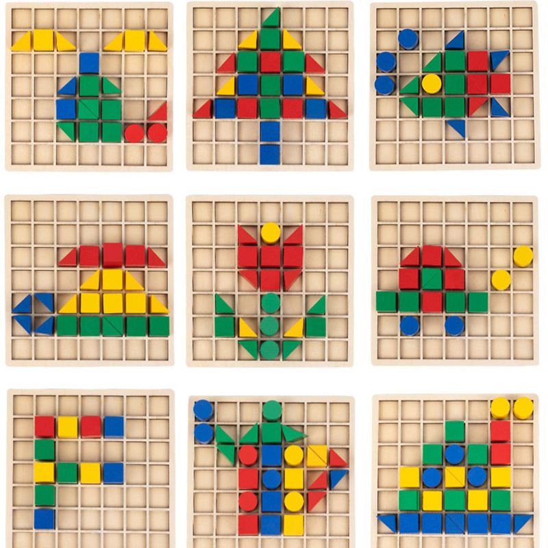 9 créations formes géométriques colorées bois plateau grille soleil maison fleur fusée coccinelle personnage - jeu créatif éducatif enfant 3-6 ans - Atelier Puzzle