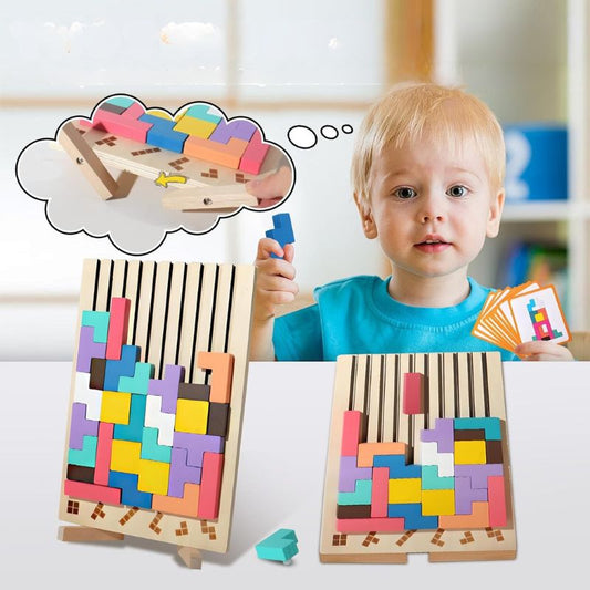 Bébé garçon joue puzzle Tetris bois chevalet double face blocs colorés cartes - jouet éducatif dès 3 ans - Atelier Puzzle