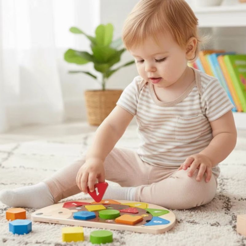Bebe tient piece triangle rouge chiffre 1 puzzle herisson bois - motricite fine prise en pince bebe 1-3 ans - Atelier Puzzle