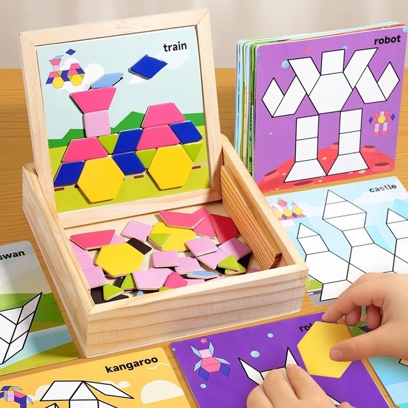 4 créations tangram magnétique bois flocon triangle kangarou voiture pièces colorées libres - jeu créatif logique enfant 4-8 ans - Atelier Puzzle