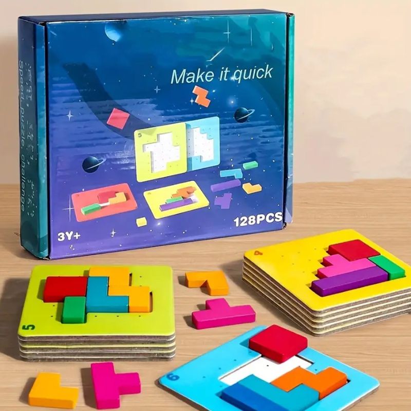 Coffret puzzle Tetris bois 108 pièces boîte colorée plateaux cartes défis - cadeau Noël anniversaire enfant 3-8 ans - Atelier Puzzle