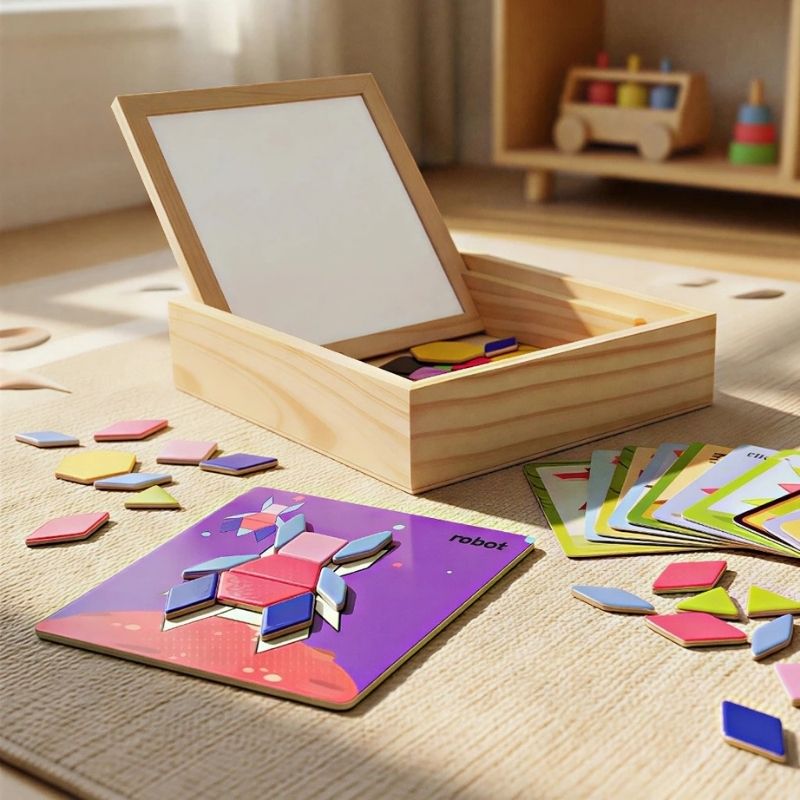 Coffret tangram magnétique bois ouvert chambre enfant carte robot cartes défis éparpillées - cadeau Noël anniversaire enfant 4-8 ans - Atelier Puzzle