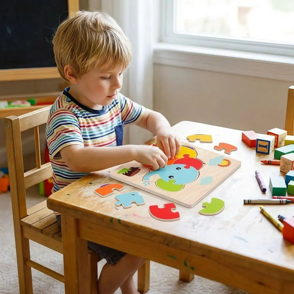 Enfant qui assemble puzzle bois éléphant encastrement - motricité fine éveil enfant 2-4 ans - Atelier Puzzle