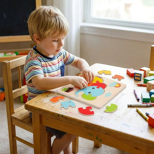 Enfant qui assemble puzzle bois éléphant encastrement - motricité fine éveil enfant 2-4 ans - Atelier Puzzle