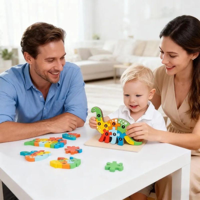 Parents et bébé souriant jouant ensemble puzzle 3D bois dinosaure chiffres 1-10 - jeu éducatif famille Montessori enfant 2-4 ans - Atelier Puzzle