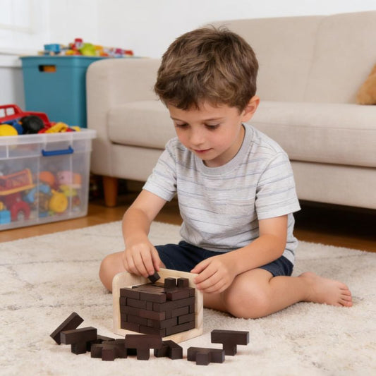 Garçon seul assis sol salon concentré qui manipule le puzzle cube 3D bois brun foncé autonomie jeu sans écran enfant - Atelier Puzzle