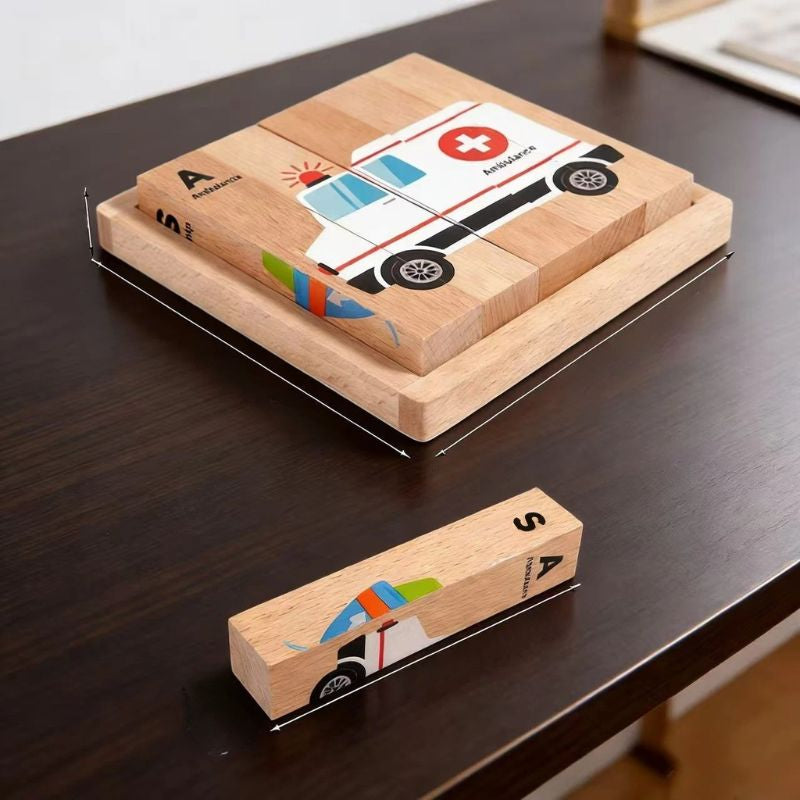 Gros plan puzzle bois ambulance assemblee bloc lettre A qualite bois naturel massif epais - materiau sur enfant 2-5 ans - Atelier Puzzle