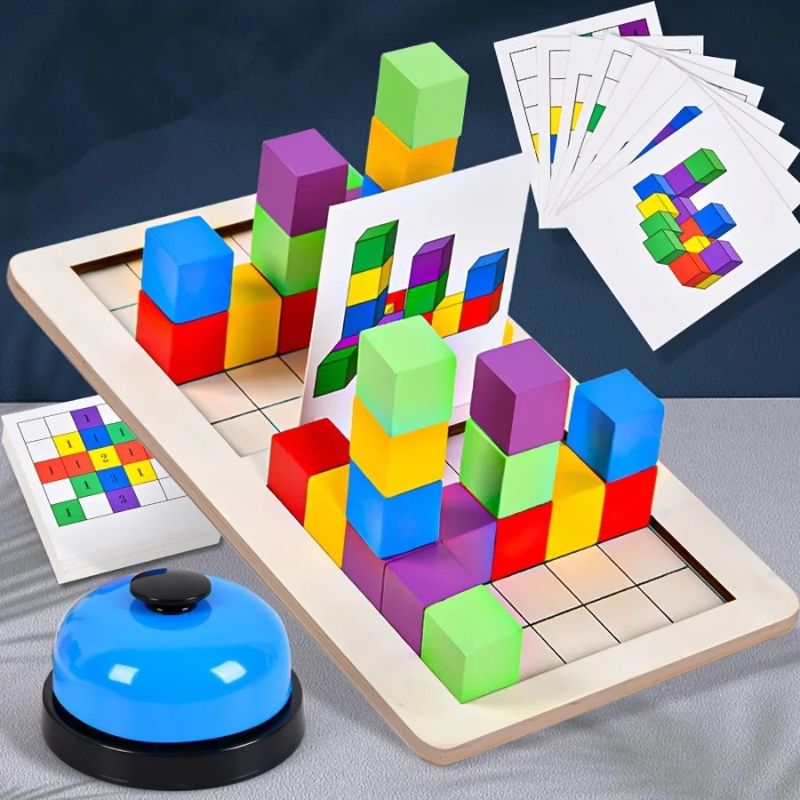 Jeu construction 3D compétitif cubes colorés plateau bois cartes défis cloche fond coloré vif - cadeau Noël anniversaire enfant 6-10 ans - Atelier Puzzle