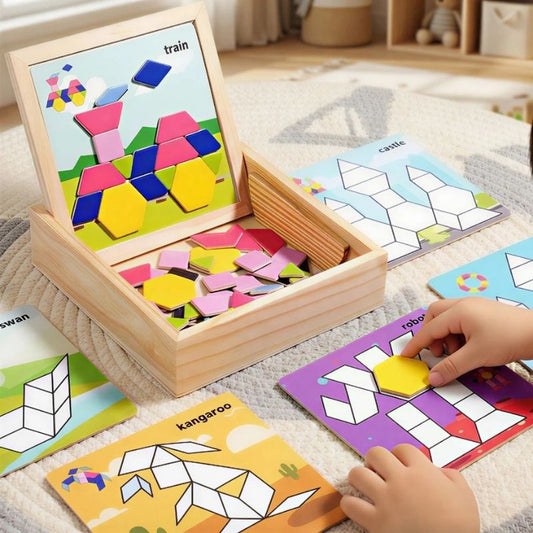 Boîte tangram magnétique bois ouverte plateau train pièces colorées cartes défis sol - jeu logique enfant 4-8 ans - Atelier Puzzle