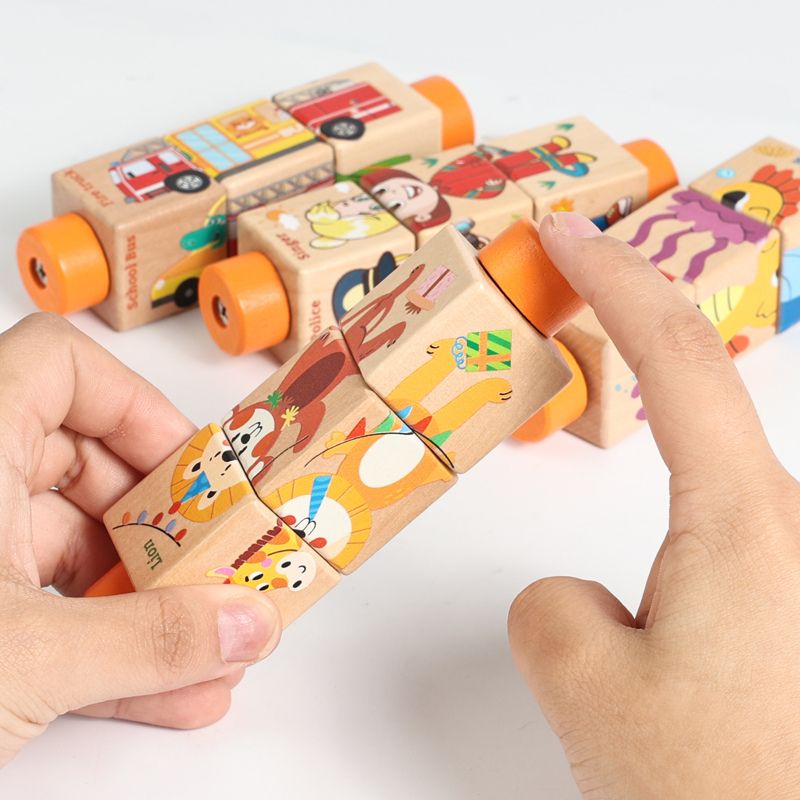 Mains actives qui font pivoter cylindre bois lion singe puzzle rotatif animaux colorés - jeu Montessori reconnaissance animaux enfant 2-4 ans - Atelier Puzzle