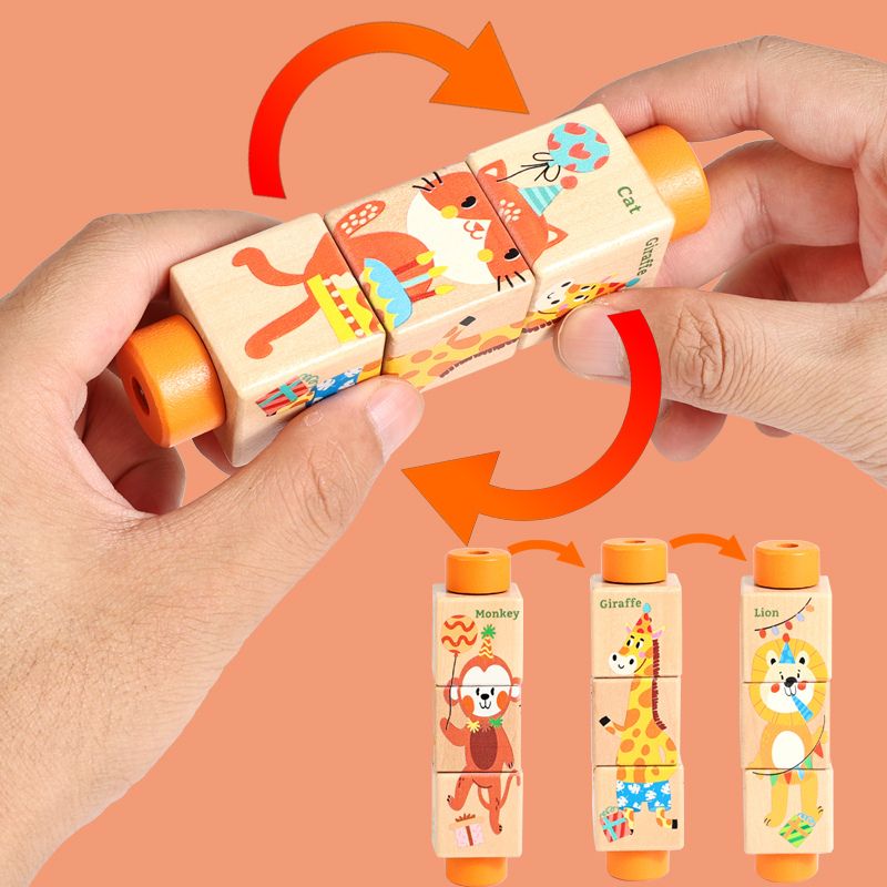 Mains adulte qui font pivoter blocs puzzle cylindre rotatif bois animaux chat singe girafe lion - jeu Montessori motricité fine enfant 2-4 ans - Atelier Puzzle