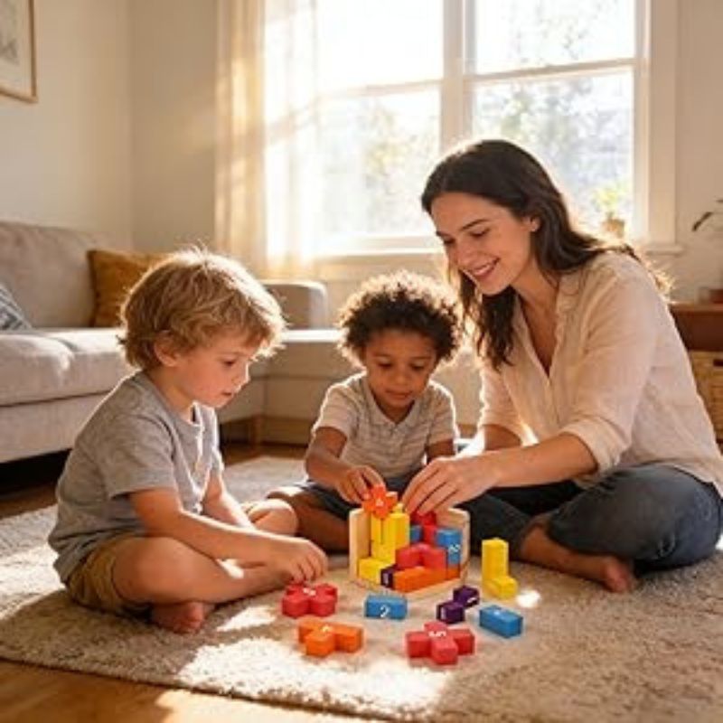 Maman et enfant qui jouent ensemble puzzle blocs bois colorés - jeu éducatif famille enfant - Atelier Puzzle