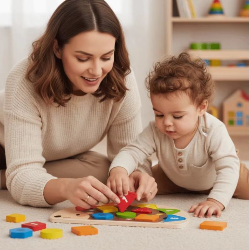 Maman souriante et bebe bouclé qui place piece rouge puzzle herisson bois formes geometriques chiffres - jeu educatif Montessori bebe 1-3 ans - Atelier Puzzle