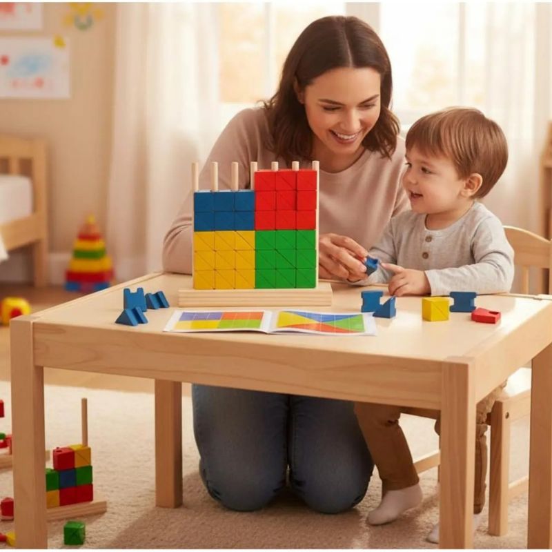 Maman et tout-petit souriants construisent ensemble blocs arc-en-ciel tiges verticales - complicité famille jeu éducatif enfant - Atelier Puzzle
