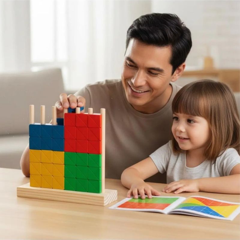 Papa et fille souriants autour blocs arc-en-ciel tiges verticales livre défis ouvert - complicité père enfant jeu logique - Atelier Puzzle