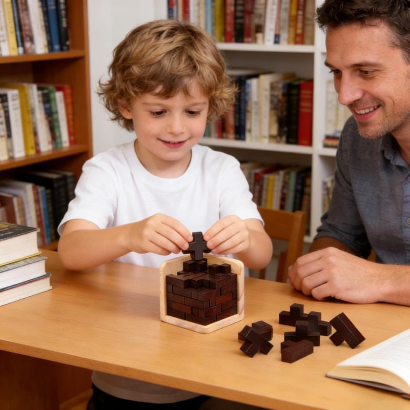 Papa et fils dans bibliothèque à table assemblent puzzle cube 3D bois brun foncé défi logique fierté parentale - Atelier Puzzle