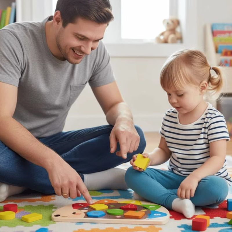 Papa souriant et fillette jouent ensemble puzzle herisson bois formes geometriques - jeu educatif famille enfant - Atelier Puzzle