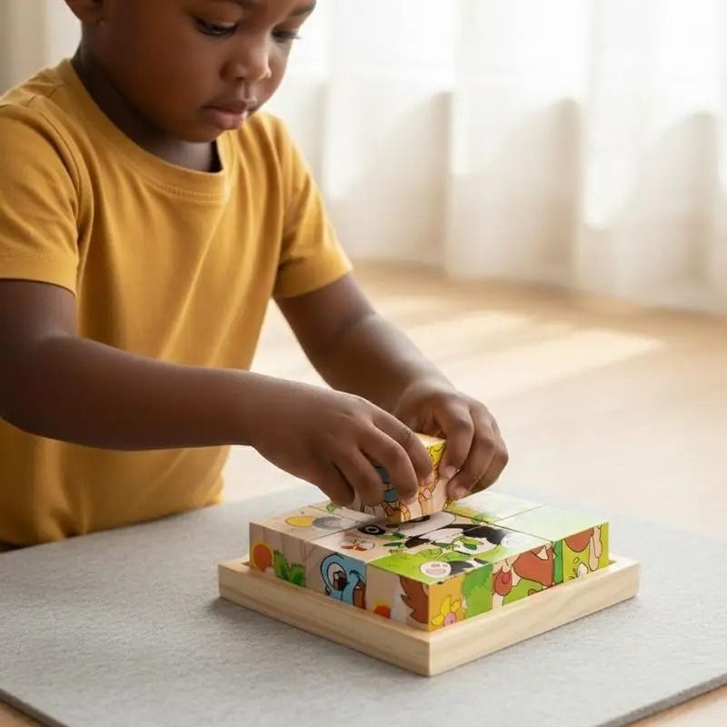 Petit garçon concentré qui place cube bois puzzle animaux sur plateau rangement bois - jeu éducatif cadeau enfant 2-5 ans - Atelier Puzzle