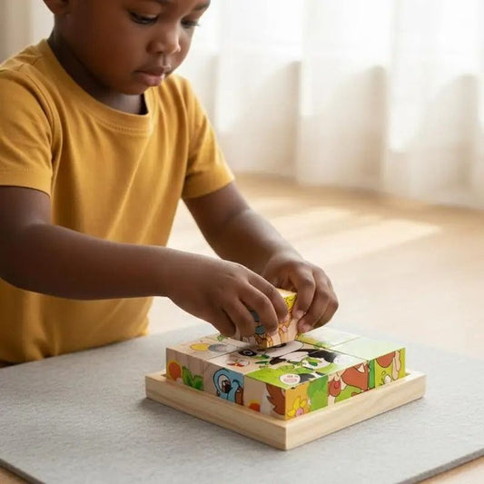 Petit garçon concentré qui place cube bois puzzle animaux sur plateau rangement bois - jeu éducatif cadeau enfant 2-5 ans - Atelier Puzzle