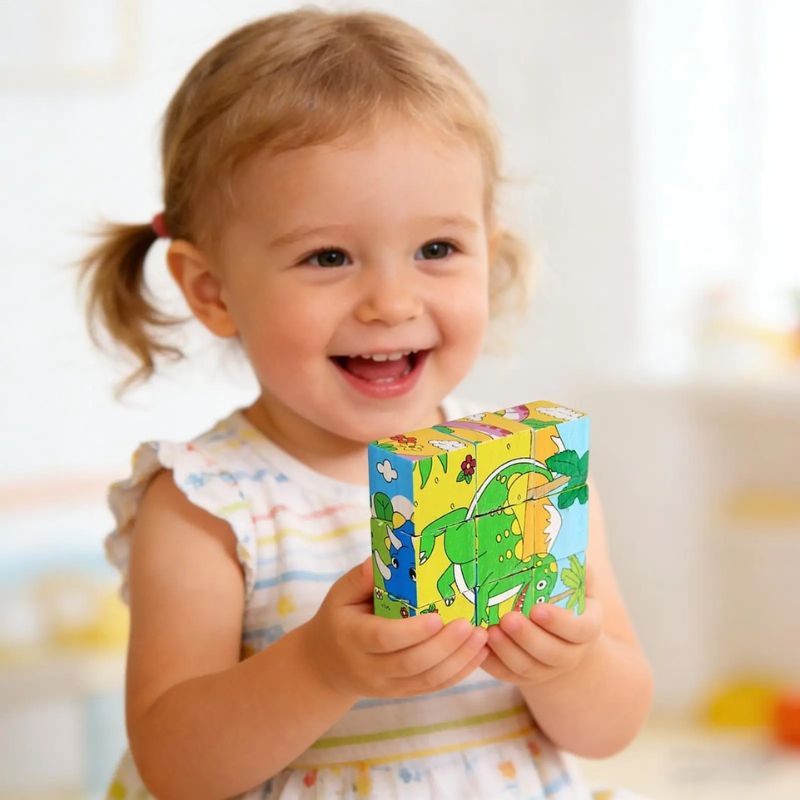 Petite fille qui rit aux éclats en tenant un cube puzzle bois 6 faces animaux - jouet éducatif éveil enfant 2-5 ans - Atelier Puzzle