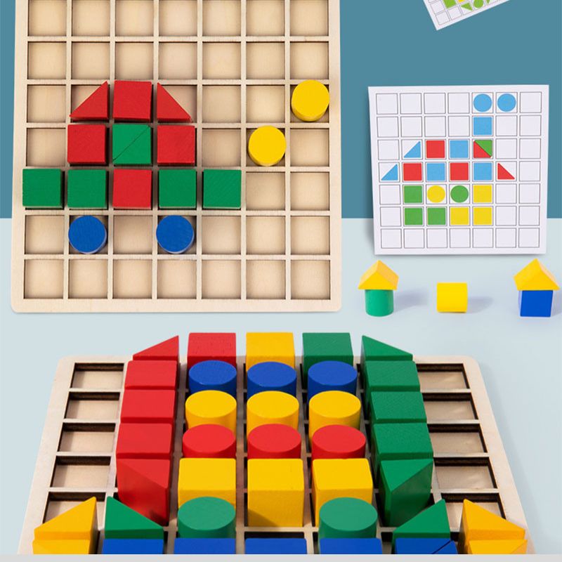 Puzzle formes géométriques bois Montessori plateau grille enfant formes colorées vue complète - cadeau Noël anniversaire enfant 2-6 ans - Atelier Puzzle