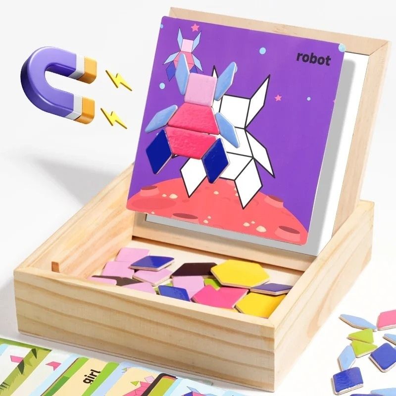 Plateau magnétique puzzle tangram bois motif robot aimant illustré boîte bois naturel - système magnétique jeu éducatif enfant - Atelier Puzzle