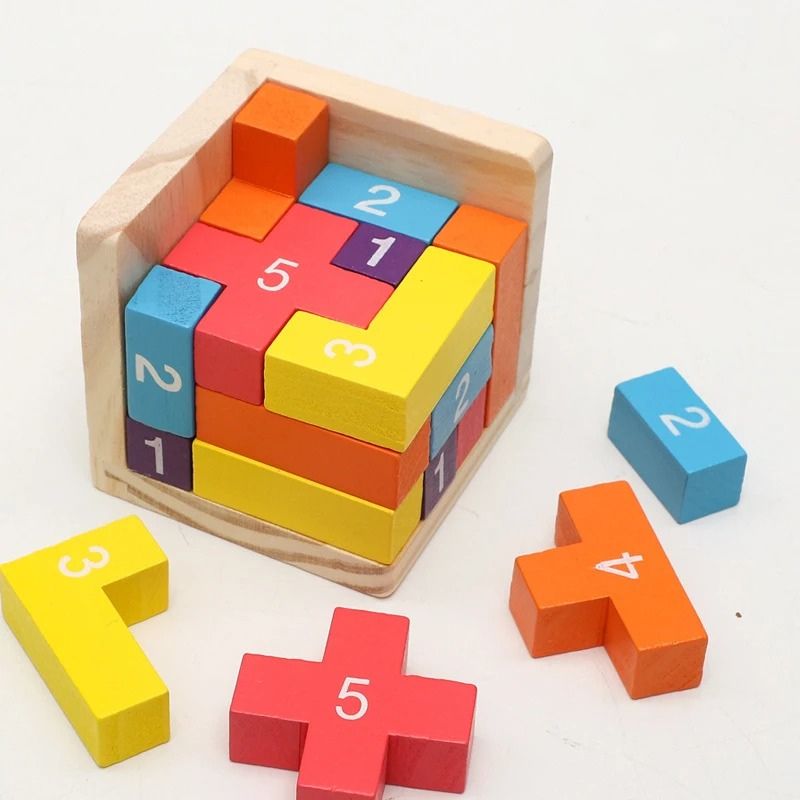 Puzzle 3D blocs bois colorés assemblage cube multicolore - jeu logique enfant - Atelier Puzzle