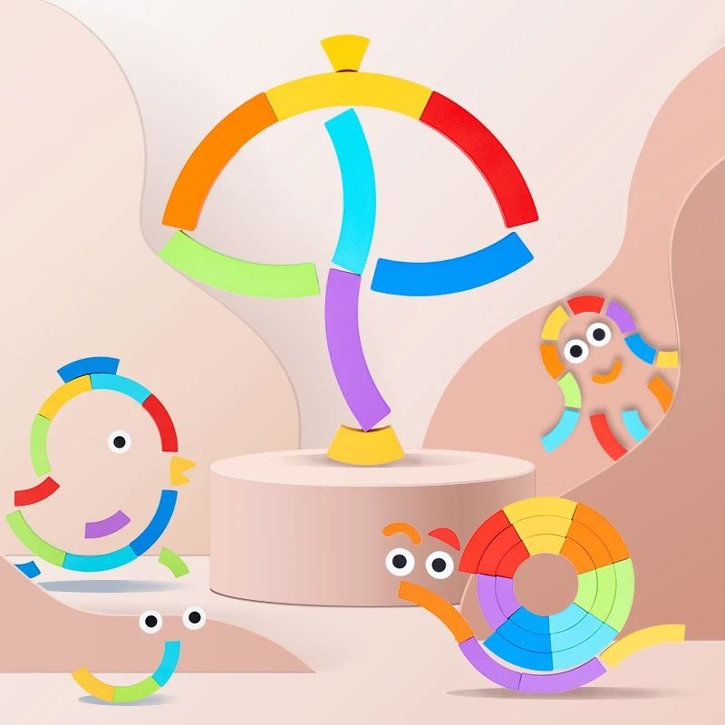 Puzzle arc-en-ciel bois 4 creations libres parapluie poussin escargot pieuvre blocs courbes colores - mode libre creatif enfant - Atelier Puzzle