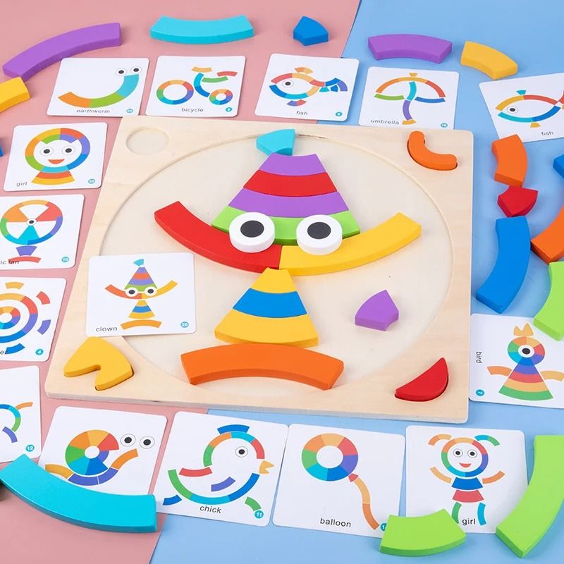 Puzzle arc-en-ciel bois creation clown colore entouré 12 cartes defis earthworm bicycle fish umbrella - jeu logique creatif enfant - Atelier Puzzle