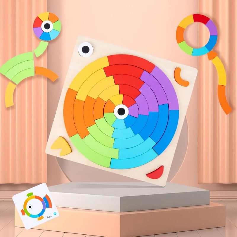 Puzzle Arc-en-Ciel Bois Blocs Courbes avec Cartes Défis — Jeu Créatif Montessori pour Enfant 3-6 ans