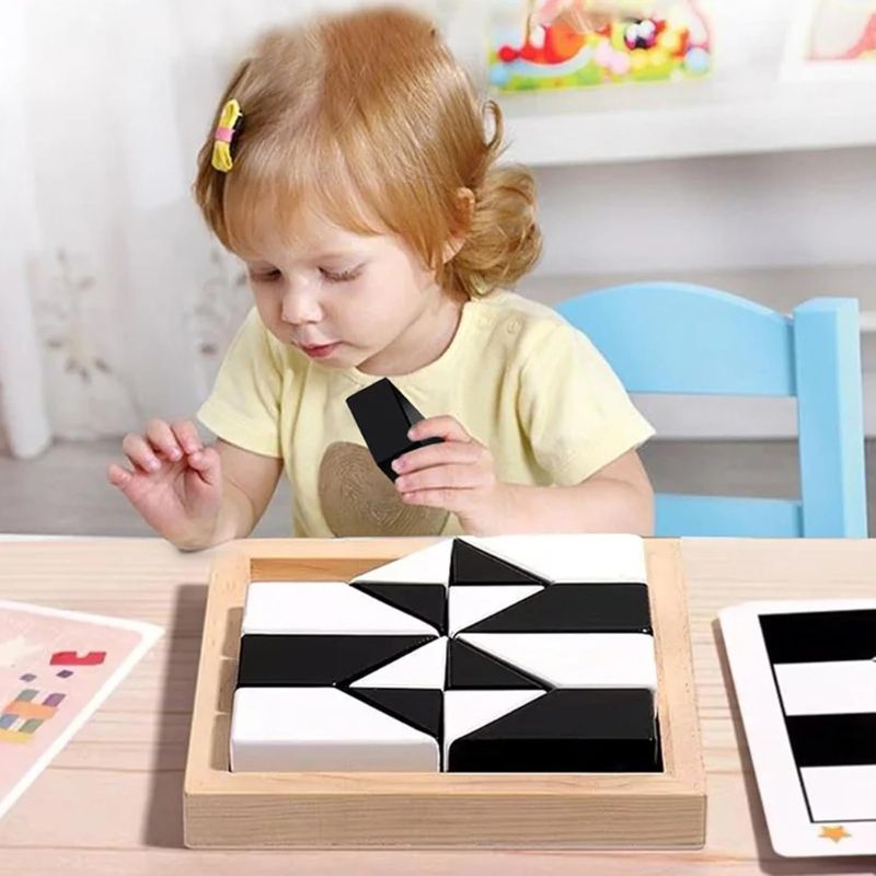 Puzzle Blocs 3D Bois Noir et Blanc avec Cartes Défis — Jeu de Logique Visuelle et Pensée Spatiale pour Enfant 4 - 8 ans - InnovaCuisine