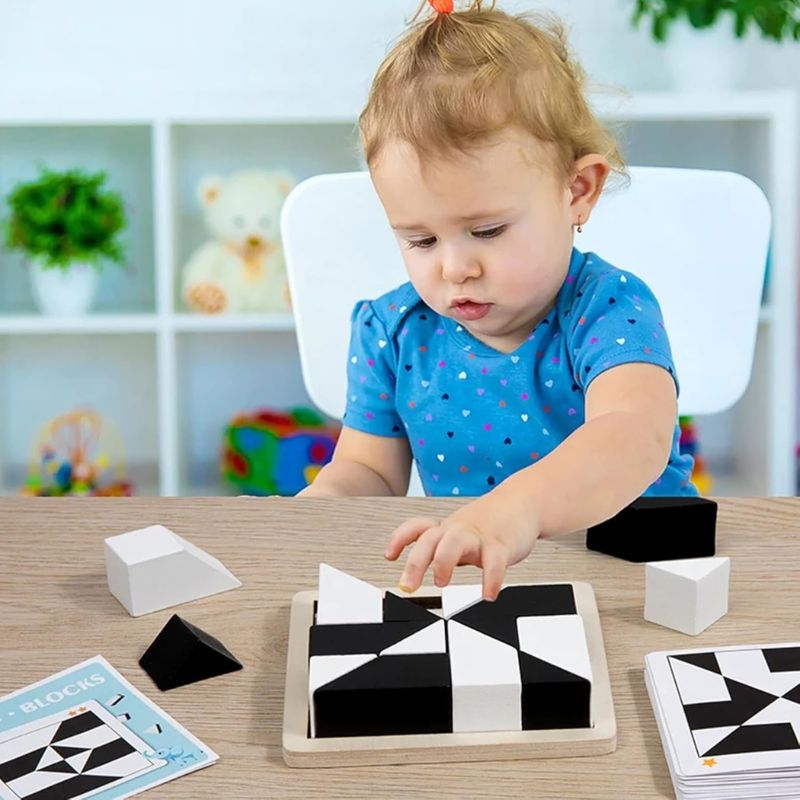 Puzzle Blocs 3D Bois Noir et Blanc avec Cartes Défis — Jeu de Logique Visuelle et Pensée Spatiale pour Enfant 4 - 8 ans - InnovaCuisine