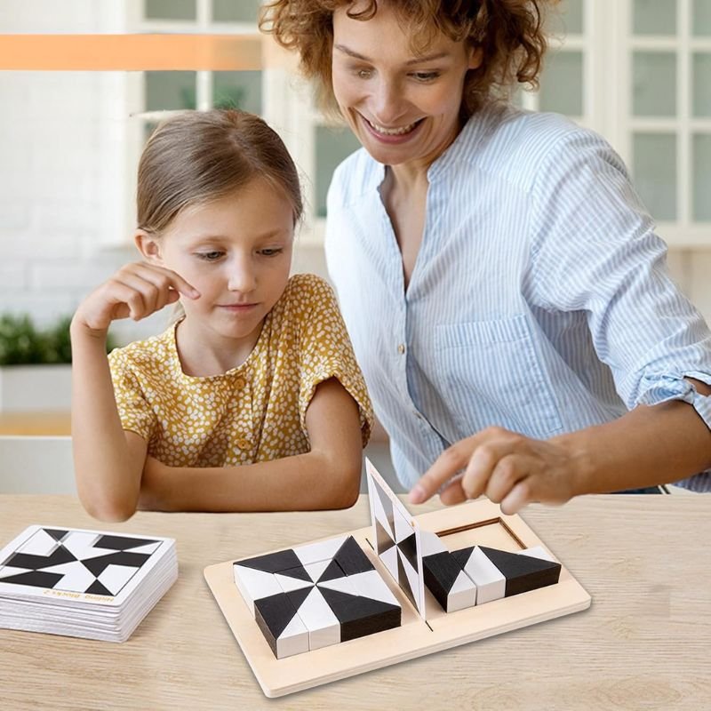 Puzzle Blocs 3D Bois Noir et Blanc avec Cartes Défis — Jeu de Logique Visuelle et Pensée Spatiale pour Enfant 4 - 8 ans - InnovaCuisine