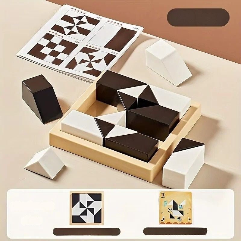 Puzzle Blocs 3D Bois Noir et Blanc avec Cartes Défis — Jeu de Logique Visuelle et Pensée Spatiale pour Enfant 4 - 8 ans - InnovaCuisine
