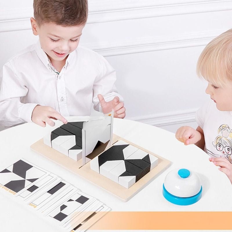 Puzzle Blocs 3D Bois Noir et Blanc avec Cartes Défis — Jeu de Logique Visuelle et Pensée Spatiale pour Enfant 4 - 8 ans - InnovaCuisine